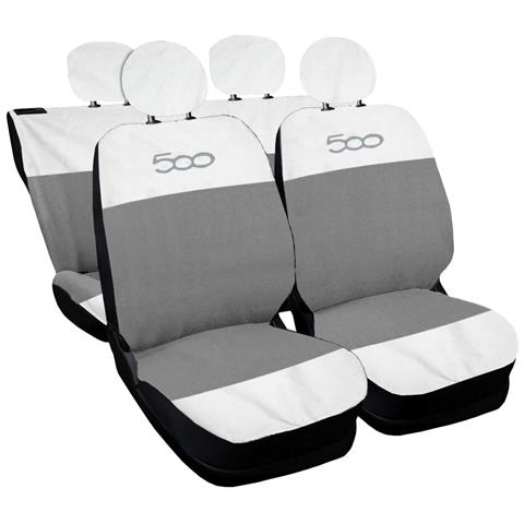 Coprisedili Auto Compatibili Per 500, Made In Italy, Set Di Copri Sedili Anteriori E Posteriori (bicolore Orizz.) Con Copri Poggiatesta Incluso, Tessuto Poliestere, Colore - Bianco \grigio Chiaro - Foto 1