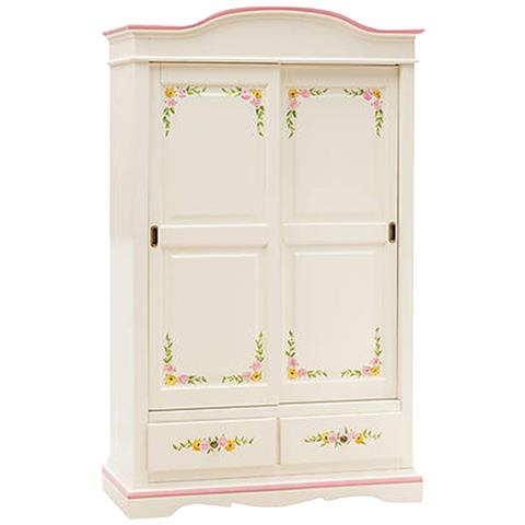 Armadio 2 Ante Scorrevoli Legno Shabby Bianco Decorato Filo Rosa 122x59x200 - Foto 1