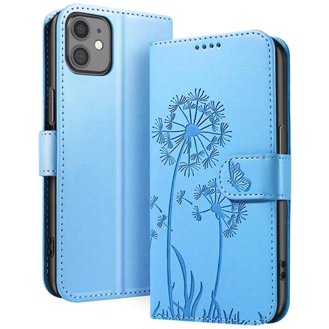 Custodia A Portafoglio Per Iphone 11 Premium Design Fiori Farfalla, Blu Chiaro - Foto 1