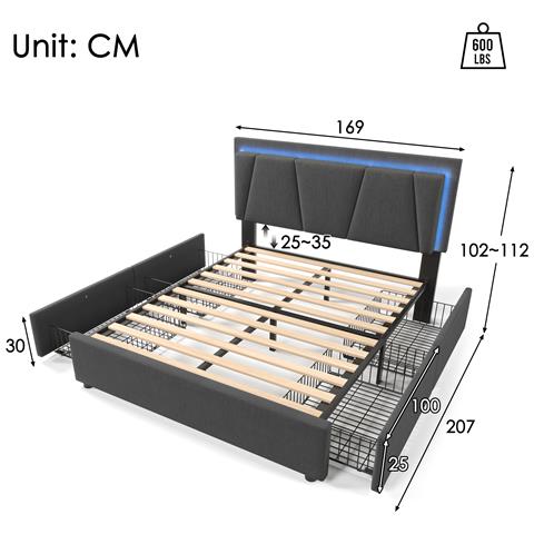 Letto Con Illuminazione Led, Testiera Regolabile E 4 Cassetti Di Stoccaggio Eleganti - Foto 3
