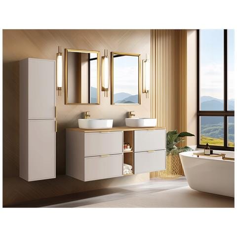 Mobile sottolavabo da 80 cm, Marrone, Ripiano nero, Lavabo sospeso, Chiusura ammortizzata, Piano di lavoro effetto marmo nero - Foto 2