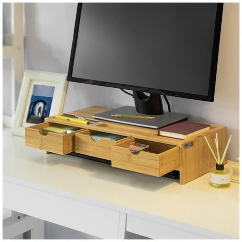 Supporto Monitor Pc Da Scrivania Con 3 Organizzatore Cassetti L51*p25*a12 Cm, Legno Massiccio Di Bambù Bbf03-n - Foto 7