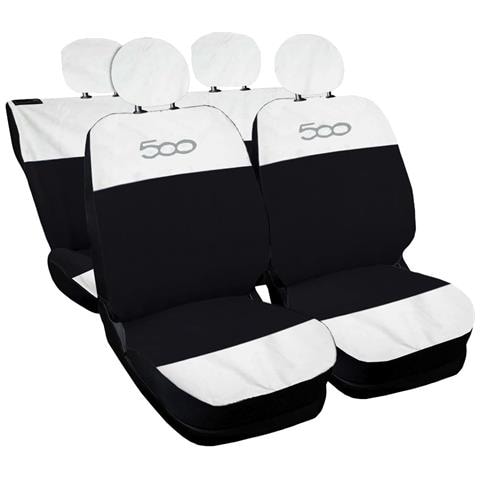 Coprisedili Auto Compatibili Per 500, Made In Italy, Set Di Copri Sedili Anteriori E Posteriori (bicolore Orizz.) Con Copri Poggiatesta Incluso, Tessuto Poliestere, Colore - Bianco \nero - Foto 1