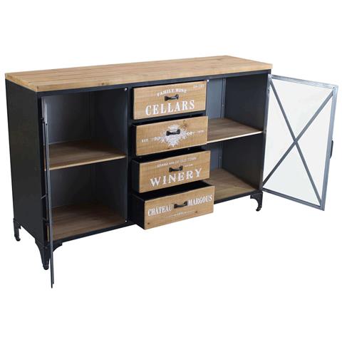 Mobile Credenza Madia Da Interno Bar E Pub Con Struttura In Acciaio Piano E 4 Cassetti Centrali In Legno 2 Ante Laterali Linea Industrial - Foto 2