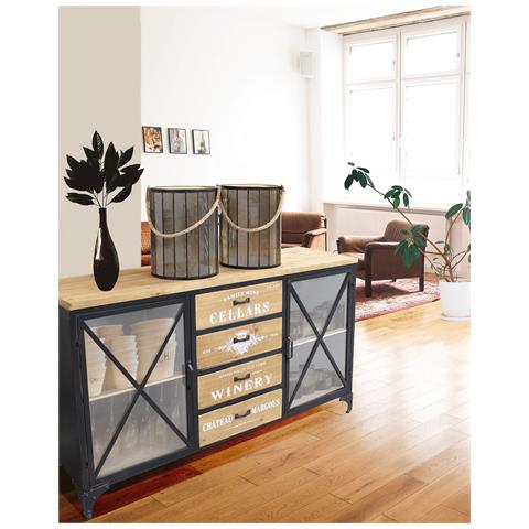 Mobile Credenza Madia Da Interno Bar E Pub Con Struttura In Acciaio Piano E 4 Cassetti Centrali In Legno 2 Ante Laterali Linea Industrial - Foto 8