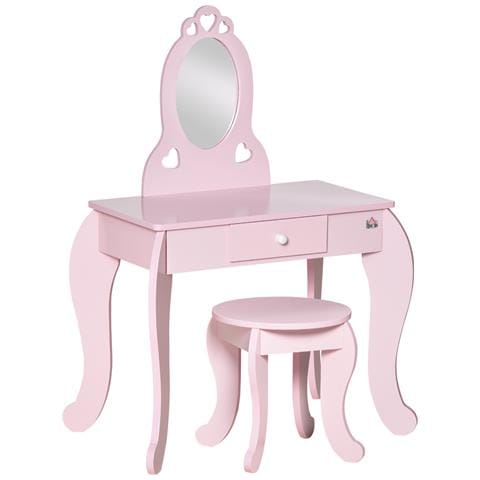 Tavolo Trucco Per Bambini Con Sgabello In Legno, Toeletta Con Specchio E Cassetto, 60x36x88cm, Rosa - Foto 1