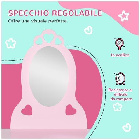 Tavolo Trucco Per Bambini Con Sgabello In Legno, Toeletta Con Specchio E Cassetto, 60x36x88cm, Rosa - Foto 6