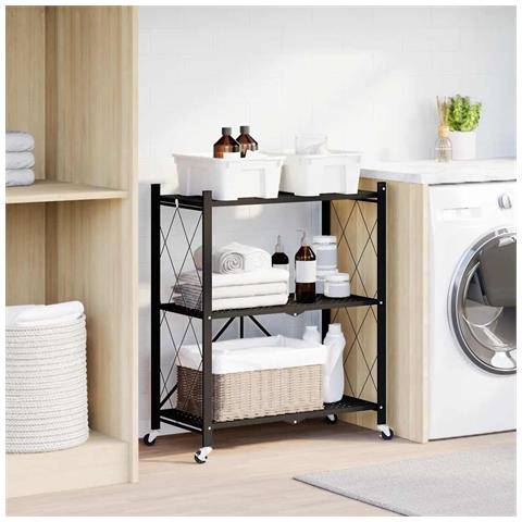 Scaffale Portaoggetti Su Ruote Nero 71x34x88 Cm In Acciaio - Foto 3