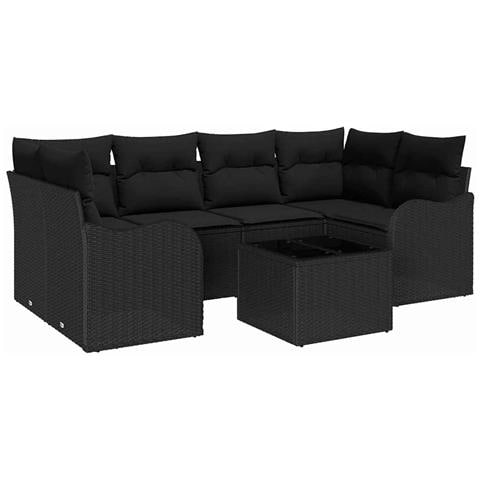 Set di divani da giardino da 7 pezzi con cuscini in polyrattan nero, Divano da giardino per 2 persone con cuscini in polyrattan nero - Foto 1