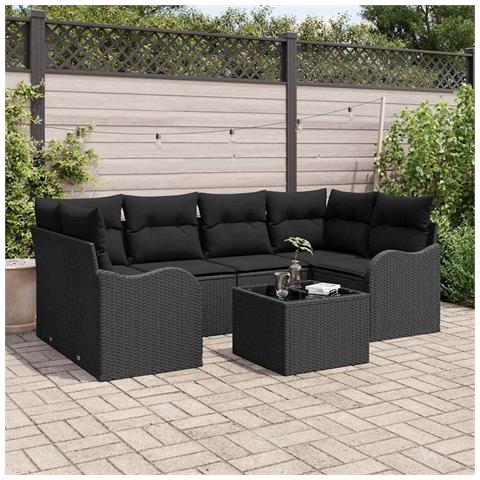Set di divani da giardino da 7 pezzi con cuscini in polyrattan nero, Divano da giardino per 2 persone con cuscini in polyrattan nero - Foto 2