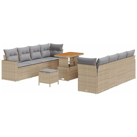 Set divano da giardino da 11 pezzi con cuscini beige in polirattan acacia,  Set da pranzo da giardino da 3 pezzi con cuscini beige in polirattan acacia - Foto 1