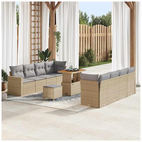 Set divano da giardino da 11 pezzi con cuscini beige in polirattan acacia,  Set da pranzo da giardino da 3 pezzi con cuscini beige in polirattan acacia - Foto 2