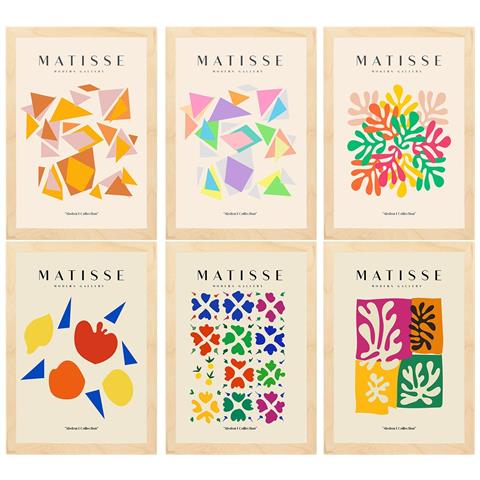 Set Di 6 Stampe Künstlerischen Illustrationen Von Henri Matisse Abstrakt Sammlung Von Dekorations Gemälden Im Kunstgalerie Rahmen Aus Hellem Holz A3 Telaio In Legno Chiaro - Foto 1