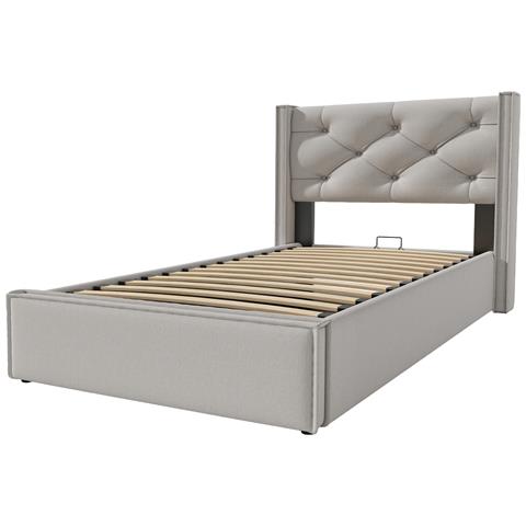 Letto Singolo Idraulico In Cotone Grigio Chiaro Con Testiera Imbottita E Design Retrò - Foto 2