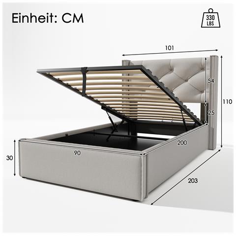 Letto Singolo Idraulico In Cotone Grigio Chiaro Con Testiera Imbottita E Design Retrò - Foto 3