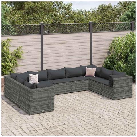 Set Divani da Giardino 9 pz con Cuscini in Polyrattan Grigio - Foto 2