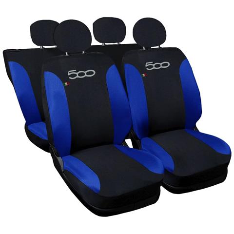 Coprisedili Auto Compatibili Per 500, Made In Italy, Set Di Copri Sedili Anteriori E Posteriori (bicolore) Con Copri Poggiatesta Incluso, Tessuto Poliestere, Colore - Nero \blu Royal - Foto 1