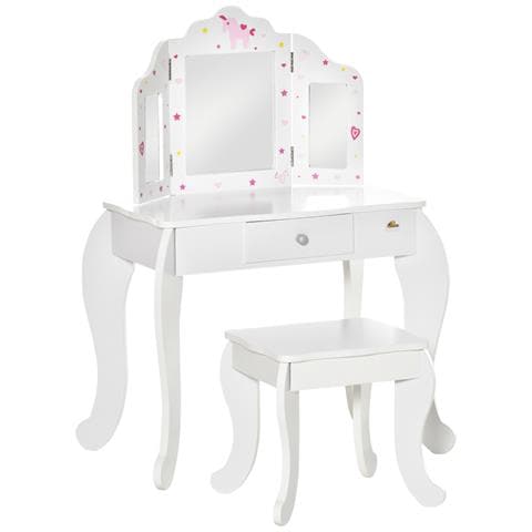 Toeletta Per Bambini Con Sgabello, Tavolo Trucco Con Triplo Specchio E Cassetto, 63x40x85.5cm, Bianco - Foto 1
