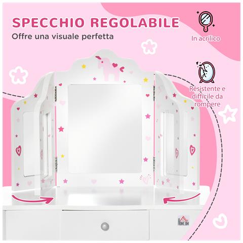 Toeletta Per Bambini Con Sgabello, Tavolo Trucco Con Triplo Specchio E Cassetto, 63x40x85.5cm, Bianco - Foto 2