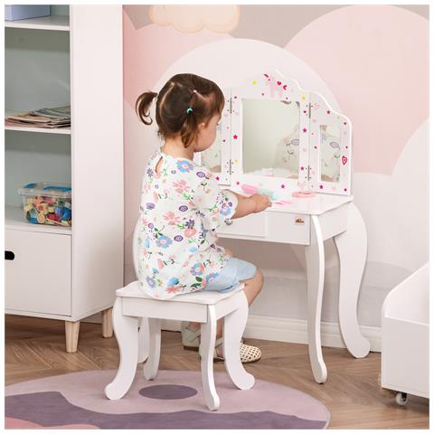 Toeletta Per Bambini Con Sgabello, Tavolo Trucco Con Triplo Specchio E Cassetto, 63x40x85.5cm, Bianco - Foto 6