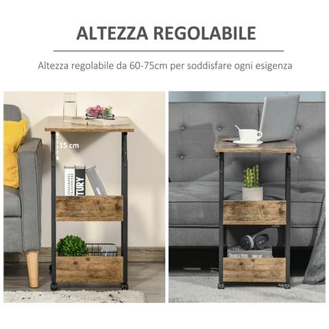 Tavolino Da Salotto Stile Industriale, Altezza Regolabile E 4 Ruote Con Freno, 80x40x60-75cm - Foto 6