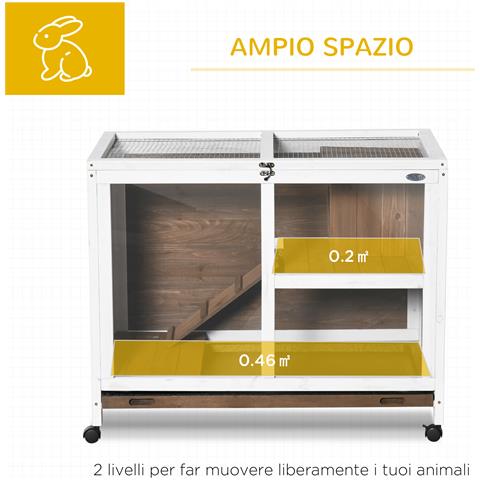 Conigliera a 2 Livelli con Casetta, Rampa e Vassoio Estraibile, in Legno di Abete, 91.5x53.3x73 cm, Marrone - Foto 2