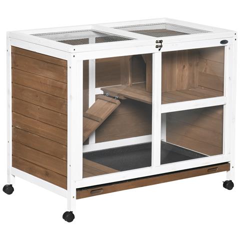 Conigliera a 2 Livelli con Casetta, Rampa e Vassoio Estraibile, in Legno di Abete, 91.5x53.3x73 cm, Marrone - Foto 1