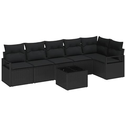 Set di divani da giardino  da 7 pezzi con cuscini in rattan poliestere beige, Divano da giardino  da 2 posti con cuscini in rattan poliestere nero - Foto 1