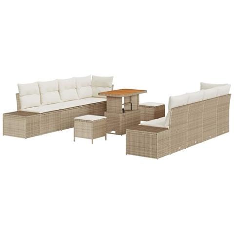 Set Divano da Giardino da 11 Pezzi con Cuscini Beige in Polyrattan Acacia, Divano da Giardino a 2 Posti con Cuscini Beige in Polyrattan, Set da Pranzo da Giardino da 3 Pezzi con Cuscini Beige in Polyrattan Acacia - Foto 1