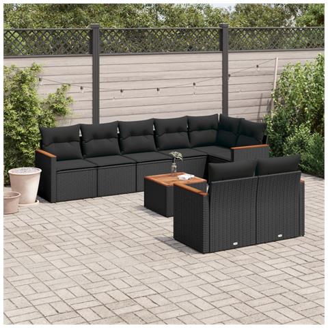 Set Divani da Giardino 9 pz con Cuscini Nero in Polyrattan - Foto 2