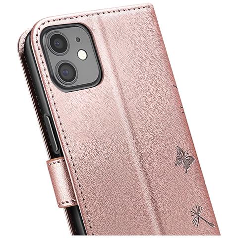 Custodia A Portafoglio Per Iphone 11 Design Premium Fiori Farfalla, Rosa Champagne - Foto 2