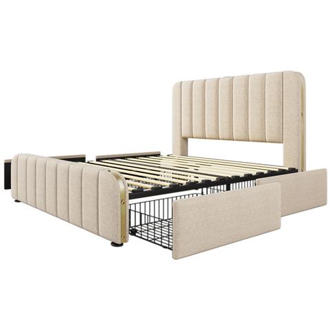 Letto In Lino Beige Con 4 Cassetti, Strisce Dorate E Usb Type-c - Foto 2