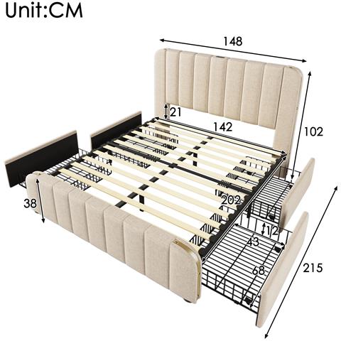 Letto In Lino Beige Con 4 Cassetti, Strisce Dorate E Usb Type-c - Foto 3