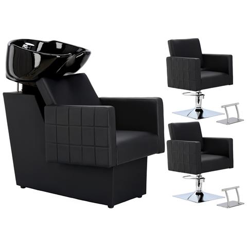 CALISSIMO Tom Black Set Lavaggio Parrucchiere E 2 X Sedia Parrucchiere Idraulica Girevole Poggiapiedi Per Salone Parrucchiere Lavabo Mobile In Ceramica Rubinetto Doccia Batteria