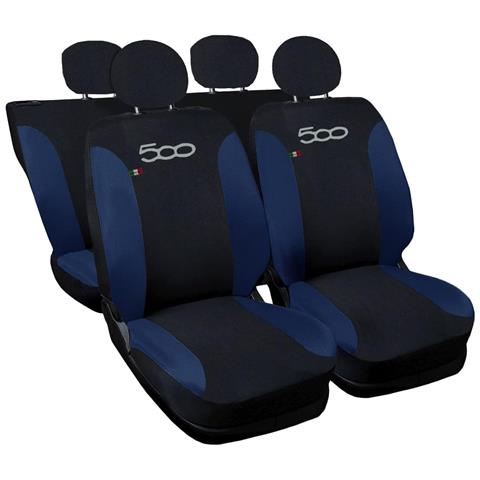 Coprisedili Auto Compatibili Per 500, Made In Italy, Set Di Copri Sedili Anteriori E Posteriori (bicolore) Con Copri Poggiatesta Incluso, Tessuto Poliestere, Colore - Nero \blu Scuro - Foto 1
