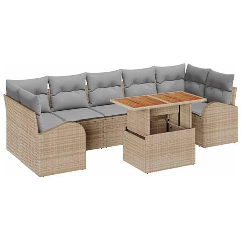 Set da Pranzo da Giardino da 8 Pezzi con Cuscini Beige Rattan Sintetico Acacia - Foto 1
