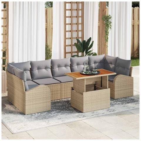 Set da Pranzo da Giardino da 8 Pezzi con Cuscini Beige Rattan Sintetico Acacia - Foto 2