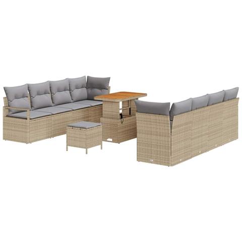 Set Divano da Giardino  da 11 pezzi con Cuscini Beige Polyrattan Acacia, Divano da Giardino  2 posti con Cuscini Beige Polyrattan, Set da Pranzo Giardino  da 3 pezzi con Cuscini Beige Polyrattan Acacia - Foto 1