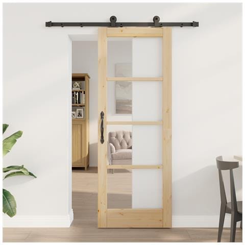 Porta Scorrevole con Set di Accessori ORKDAL 73,5x198,5 cm, Porta Interna con Vetro ORKDAL 73,5x198,5x4 cm in Legno Massello di Pino - Foto 2