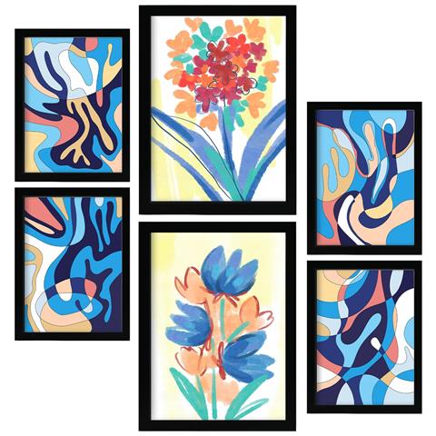 Set Di 6 Stampe Dipinti Decorativi Astratti Estetici Con Venature Floreali Per Il Tuo Soggiorno, Camera Da Letto E Casa A3 & A4 Cornice Nera - Foto 1