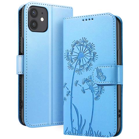 Custodia A Portafoglio Per Iphone 12 / 12 Pro Premium Design Fiori Farfalla, Blu Chiaro - Foto 1