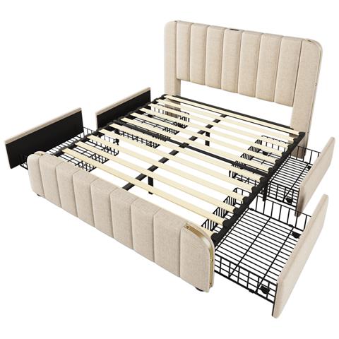 Letto In Lino Beige Con 4 Cassetti, Decorazioni Dorate E Ricarica - Foto 3