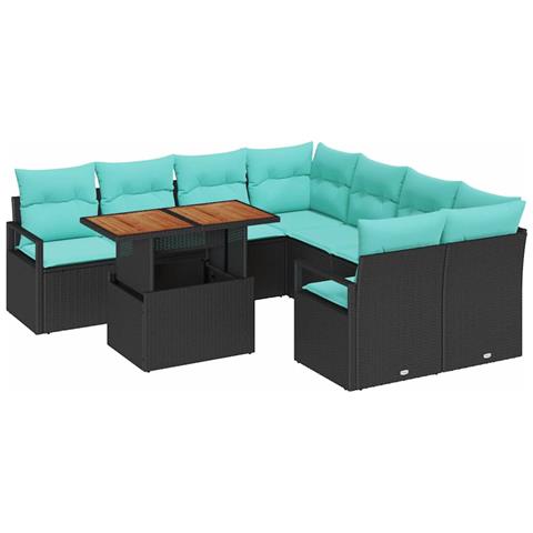 Set da Pranzo per Giardino con cuscino 9 pcs Nero e Verde acqua - Foto 1