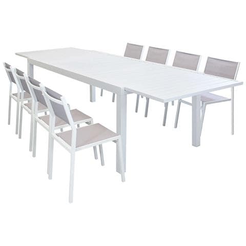 Set Tavolo Giardino Rettangolare Allungabile 200/300 X 100 Con 8 Sedie In Alluminio Bianco E Textilene Da Esterno - Foto 1