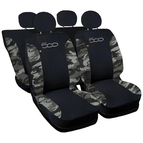 Coprisedili Auto Compatibili Per 500, Made In Italy, Set Di Copri Sedili Anteriori E Posteriori (bicolore) Con Copri Poggiatesta Incluso, Tessuto Poliestere, Colore - Nero \mimetico Chiaro - Foto 1