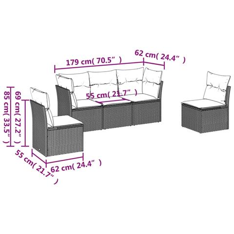 Set Divano Da Giardino 5 Pz Con Cuscini Marrone In Polyrattan - Foto 3