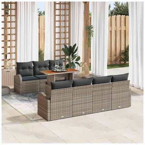 Set da Pranzo da Giardino da 8 Pezzi con Cuscini Grigio Polirattan Acacia - Foto 2