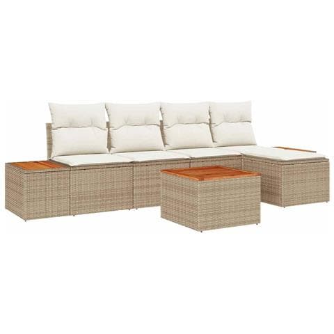 Set di divani da giardino a 6 pezzi con cuscini Beige Rattan Poliestere Acacia - Foto 1