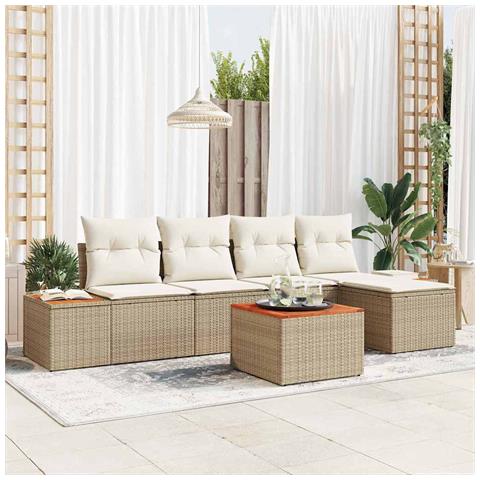 Set di divani da giardino a 6 pezzi con cuscini Beige Rattan Poliestere Acacia - Foto 2