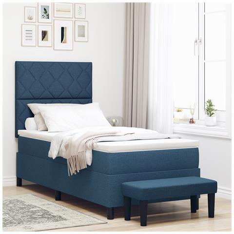 Letto box spring e materasso e panca blu 90x200 cm in tessuto - Foto 2